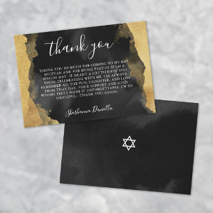 Cartão De Agradecimento Dourado Bar de Bat Black Watercolor Mitzvah