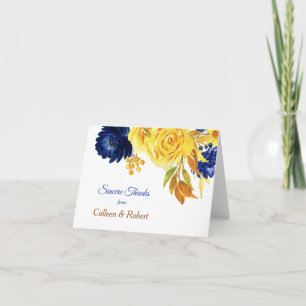 Cartão De Agradecimento Dourado Brilhante Azul Marinho Floral Casamento