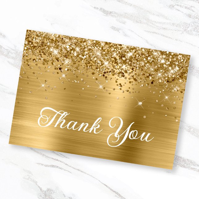 Cartão De Agradecimento Dourado brilho e folha 50º aniversário (Glittery Gold Flat Thank You Card)
