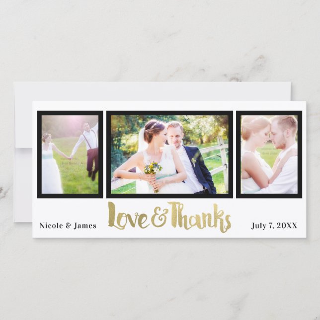 Cartão De Agradecimento Dourado casamento 3 Foto de amor e Obrigados Obrig (Frente)