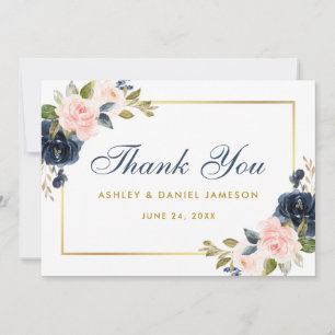 Cartão De Agradecimento Dourado Casamento Blush Azul-Dusta Floral Azul-Ros