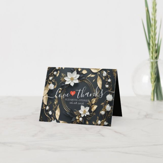 Cartão De Agradecimento Dourado Casamento Floral Branco Negro, Obrigado (Frente)