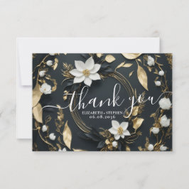 Cartão De Agradecimento Dourado Casamento Floral Branco Negro, Obrigado