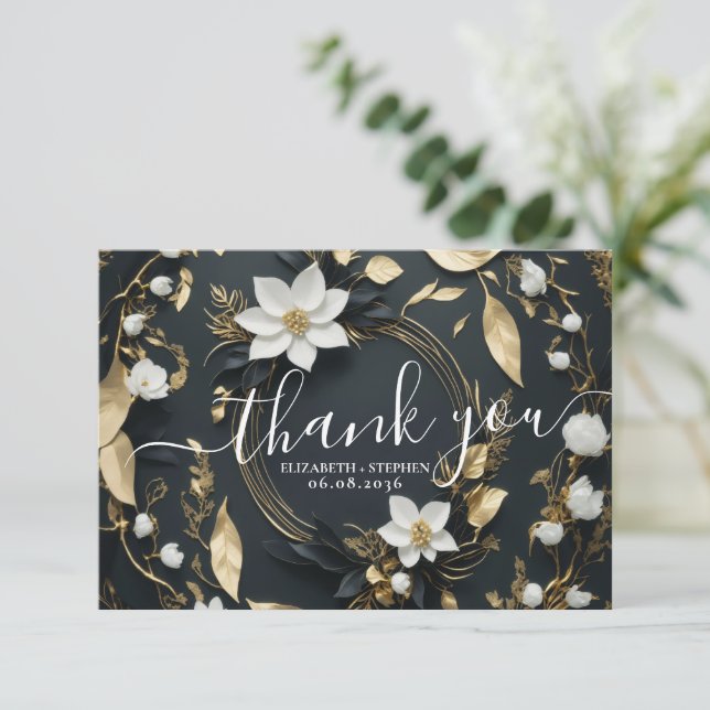 Cartão De Agradecimento Dourado Casamento Floral Branco Negro, Obrigado (Em pé/Frente)