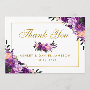 Cartão De Agradecimento Dourado Casamento Floral Ultra Violet, Roxo Obriga