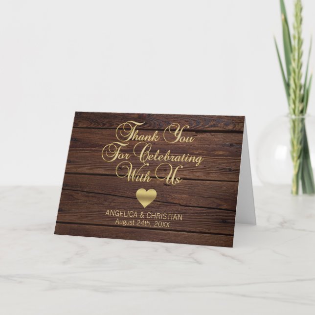 Cartão De Agradecimento Dourado Coração Rustic Country Obrigado Casamento (Frente)