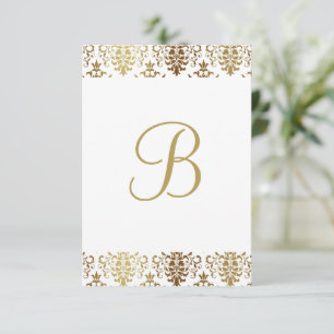 Cartão De Agradecimento Dourado Damask White Monograma Elegante Chic Obrig