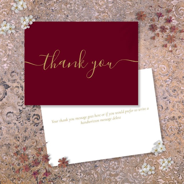 Cartão De Agradecimento Dourado E Burgundy Simples Moderno Elegante Script (Gold And Burgundy Simple Modern Elegant Script Thank You Card)