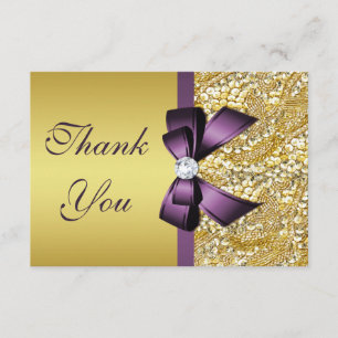 Cartão De Agradecimento Dourado Faux Sequins Diamuros Arco Roxo Obrigado