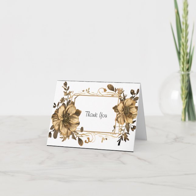 Cartão De Agradecimento Dourado Floral com Quadro (Frente)