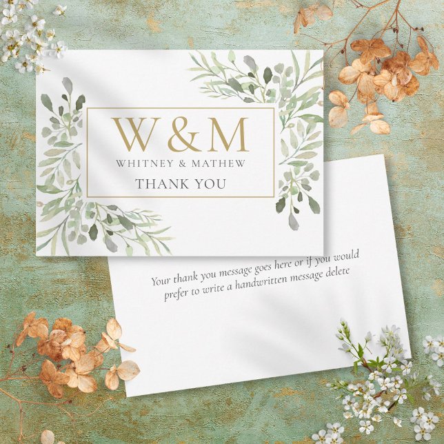 Cartão De Agradecimento Dourado Monograma Verde Elegante (Gold Monogram Greenery Elegant Thank You Card)