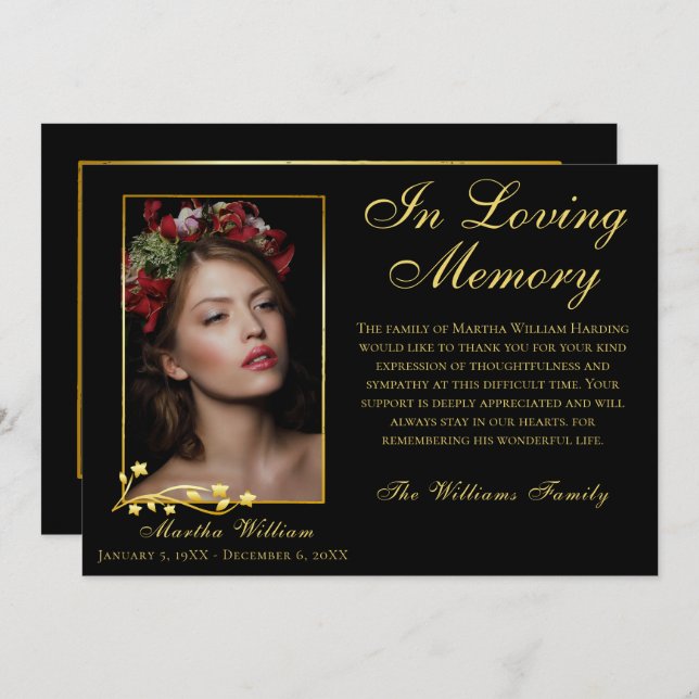 Cartão De Agradecimento Dourado Quadro Funeral Foto Elegante Obrigado (Frente/Verso)