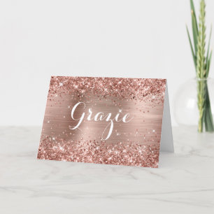 Cartão De Agradecimento Dourado Rosa Brilhante Foil Script Clássico Grazie
