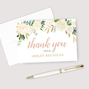 Cartão De Agradecimento Dourado Rosa Verde Floral Nome Personalizado