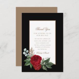 Cartão De Agradecimento Dourado Script Elegante Peonies Vermelhos Preto e