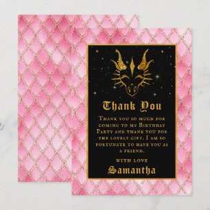Cartão De Agradecimento Dragão Rosa Escala Dourada Faux Glitter Aniversári