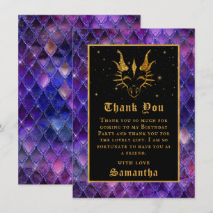 Cartão De Agradecimento Dragão Roxo Escala Dourada Faux Glitter Aniversári