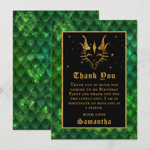 Cartão De Agradecimento Dragão Verde Escala Dourada Faux Glitter Aniversár