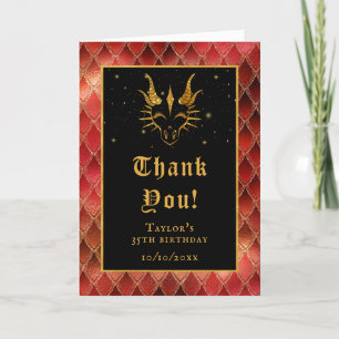 Cartão De Agradecimento Dragão Vermelho Escala Dourada Faux Glitter Aniver