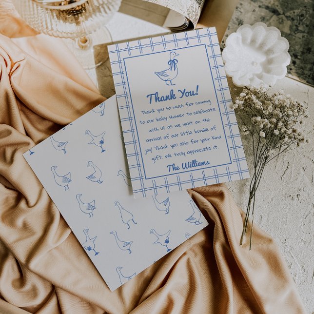 Cartão De Agradecimento Drawn Goose Gingham Blue Classic Boy Baby Shower (Criador carregado)