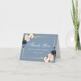 Cartão De Agradecimento Dusty Blue Blush Dourado Nota de Casamento Floral