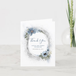 Cartão De Agradecimento Dusty Blue e Silver Glitter Floral Obrigado