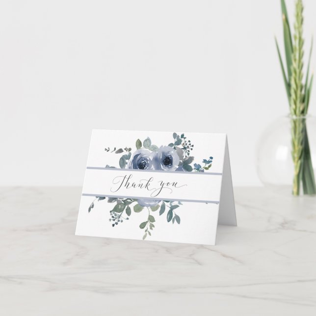 Cartão De Agradecimento Dusty Blue Floral and Grey Wedding Thank You Card (Frente)