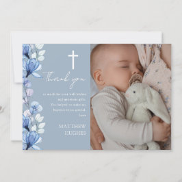Cartão De Agradecimento Dusty Blue Floral Foto do Batismo Christening