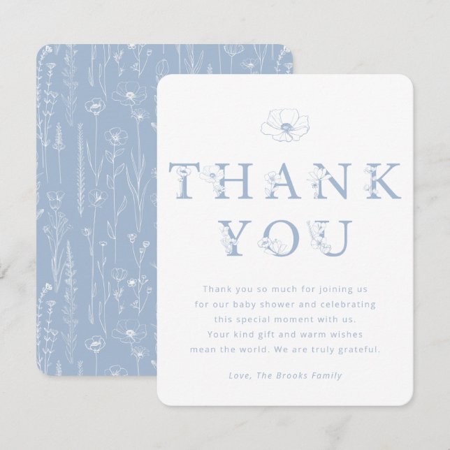 Cartão De Agradecimento Dusty Blue Floral Thank You Card | Baby Shower (Frente/Verso)