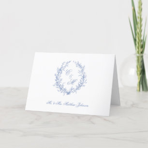 Cartão De Agradecimento Dusty Blue Monograma Botanical Wreath Casamento