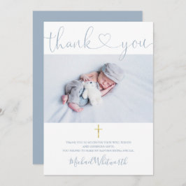 Cartão De Agradecimento Dusty Blue Photo Signature Script Baptism Heart