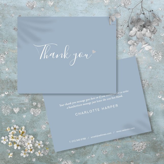 Cartão De Agradecimento Dusty Blue Silver Heart Chic Script Business (Dusty Blue Silver Heart Chic Script Business Thank You Card)