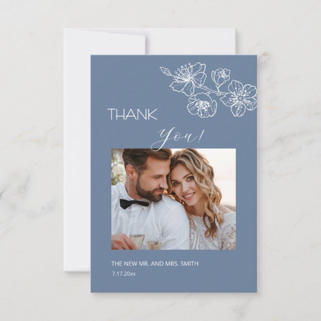 Cartão De Agradecimento Dusty Blue White Line Art  Flowers Thank You Card (Frente)