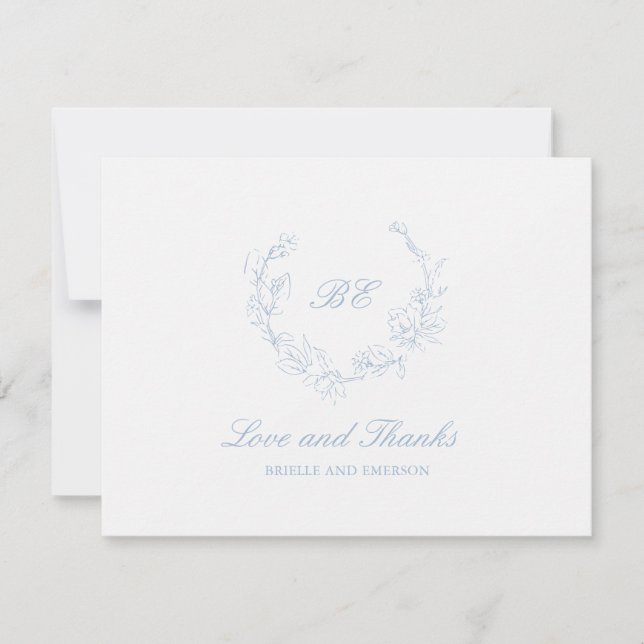 Cartão De Agradecimento Dusty Blue Wreath Monograma Foto Elegante Casament (Frente)