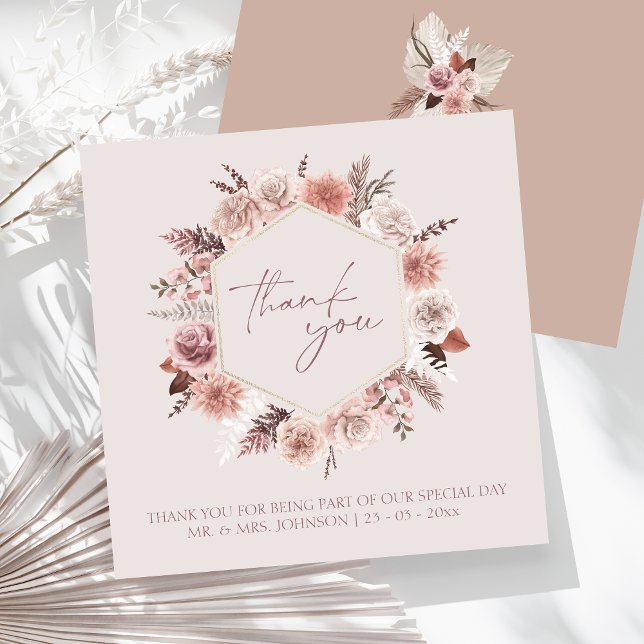 Cartão De Agradecimento Dusty Rosa Boho Pampas Casamento Plana Obrigado (Boho Dusty Pink Dried Flowers Wreath Wedding Thank You Card)