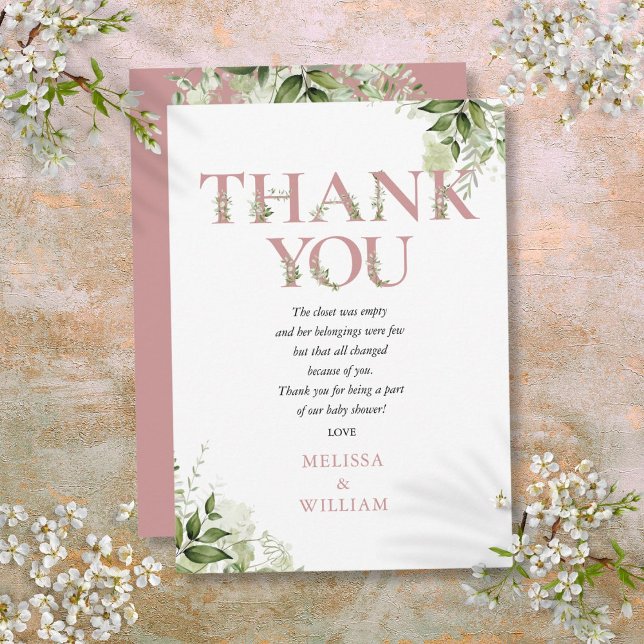 Cartão De Agradecimento Dusty Rosa Greenery - Letra Chá de fraldas Poema (Dusty Rose Greenery Letter Baby Shower Poem Thank You Card)