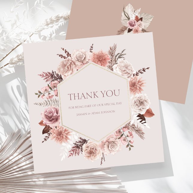 Cartão De Agradecimento Dusty Rosa Pampas Grass Casamento Flat Obrigado (Boho Dusty Pink Dried Flowers Wreath Wedding Thank You Card)