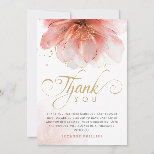 Cartão De Agradecimento É um Chá de fraldas Dourado Floral Moderno Rosa (Frente)