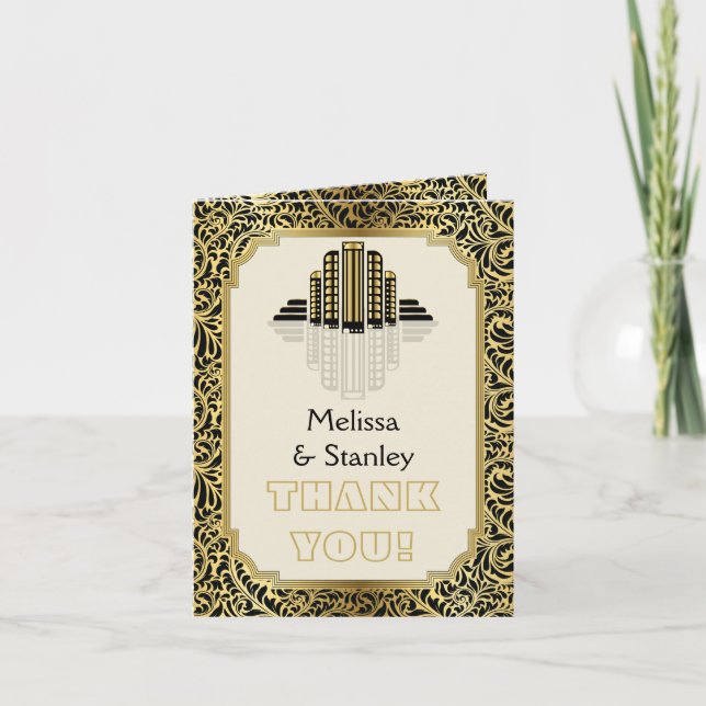 Cartão De Agradecimento Edifícios Art Deco preto, casamento dourado Obriga (Frente)