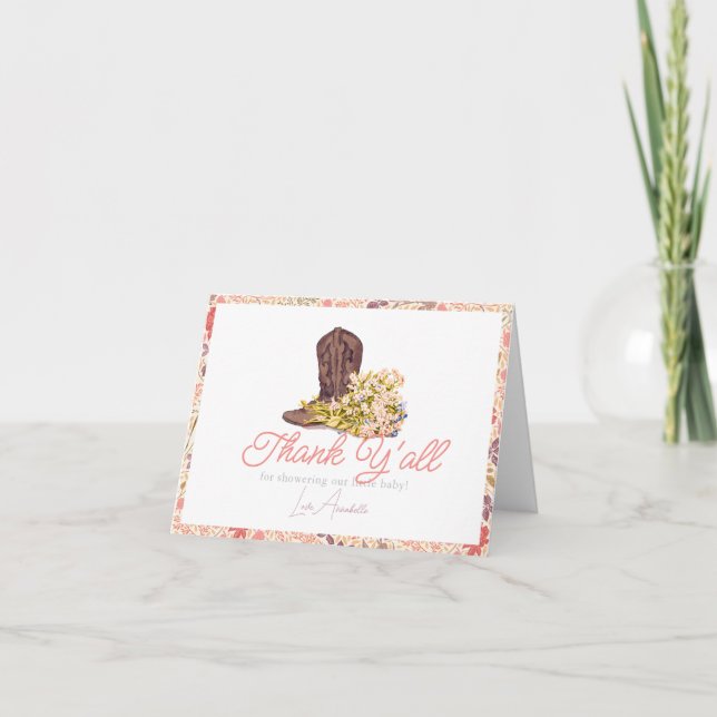 Cartão De Agradecimento Ei, vocês, Chá de fraldas de Boot e Buquê Rapariga (Frente)