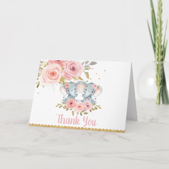 Cartão De Agradecimento Elefant Twin Girls Chá de fraldas Aniversário Obri (Frente)