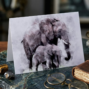Cartão De Agradecimento Elefante-Africano Fêmea com Filhote Aquarela