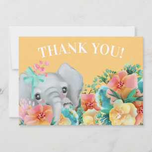 Cartão De Agradecimento Elefante Amarelo Rosa Verde-água Floral Obrigado