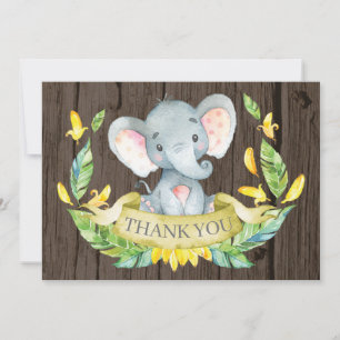 Cartão De Agradecimento Elefante Bebê Amarelo e Cinza Fofo Rústico