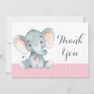 Cartão De Agradecimento Elefante Bebê Menina Fofo Rosa e Cinza