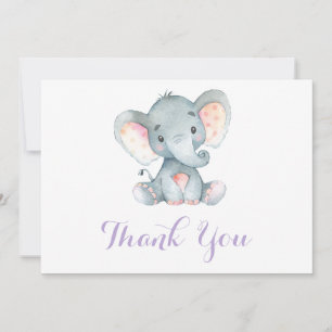 Cartão De Agradecimento Elefante Bebê Menina Fofo Roxo e Cinza