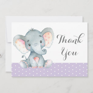 Cartão De Agradecimento Elefante Bebê Menina Fofo Roxo e Cinza