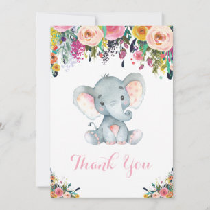 Cartão De Agradecimento Elefante Floral Fofo Bebê Menina Rosa e Cinza