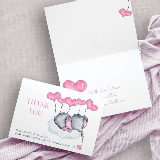 Cartão De Agradecimento Elefante Rosa Chá de fraldas na Nuvem (Thank You card with cute baby elephant and pink love heart balloons)