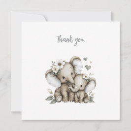 Cartão De Agradecimento Elefantes Bebês Menina com Flores em Aquarela Fofa